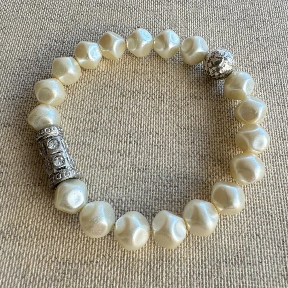 Faux Pearl and Silver Stretch Bracelet